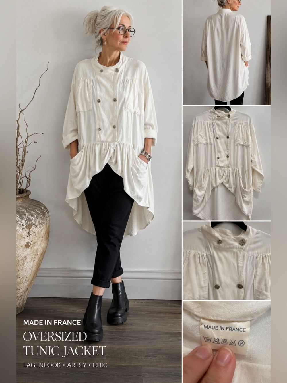 Made in France Ivory Lagenlook Oversized Tunic Jacket Artsy